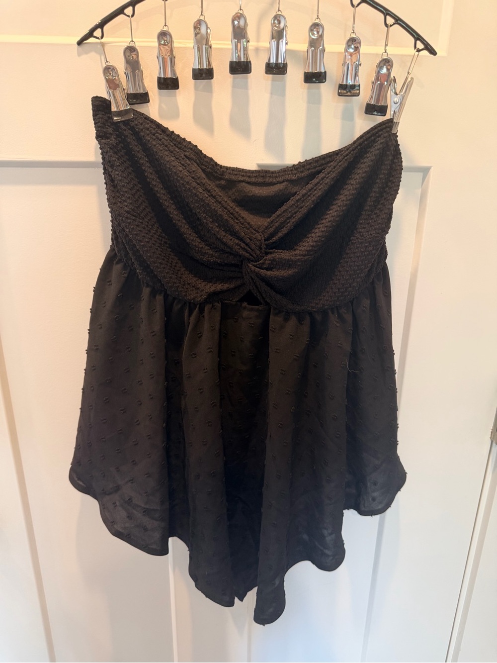 SHEIN Black Strapless Peplum Top Large Ruched Twist Front Swiss Dot Party